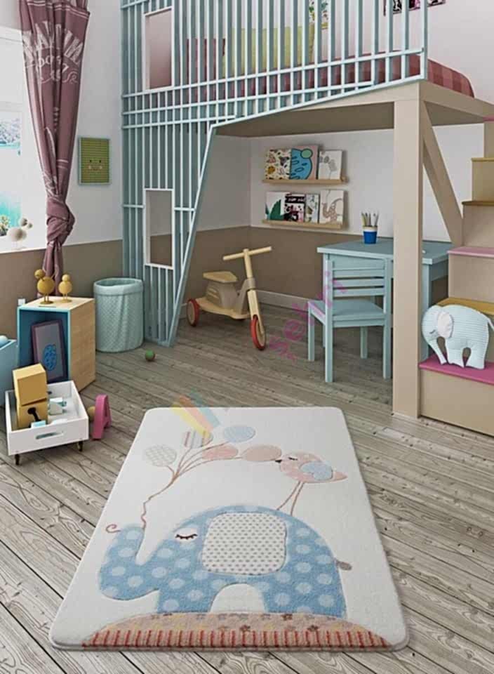 Confetti Spotty Elephant Mavi Çocuk Halısı Yumuşak Yıkabilir