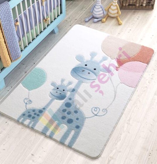 Confetti Happy Giraffe Mavi Çocuk Halısı Yumuşak Yıkabilir